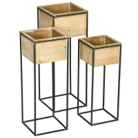 Outsunny Lot de 3 cache-pots carrés pour plantes fleurs sur pied en métal et bois - 3 hauteurs différentes naturel et noir(m-12)