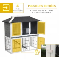 PawHut Clapier en bois pour lapin à 2 étages 4 portes verrouillables plateau coulissant rampe - 117L x 62,5l x 115H cm - bois de sapin gris blanc(m-5)