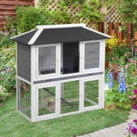 PawHut Clapier en bois pour lapin à 2 étages 4 portes verrouillables plateau coulissant rampe - 117L x 62,5l x 115H cm - bois de sapin gris blanc(m-10)