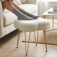 HOMCOM Velvet 4-Leaf Clover Footstool, Vanity Small Ottoman with Hairpin Steel Legs and Thick Cushion, Modern Accent Foot Stool for Living Room, Bedroom, Entryway, Cream(m-8)