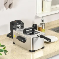 HOMCOM Friteuse à huile 3L avec température réglable, minuterie, panier à huile amovible, acier inoxydable, argent et noir(m-10)