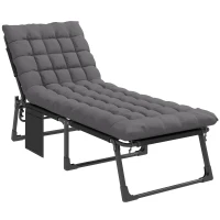 Outsunny Transat pliant large Chaise de jardin avec dossier réglable 5 positions Matelas rembourré Appui-tête Poche latérale(m-7)