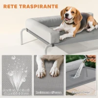 PawHut Lettino per Cani Rialzato di 20 cm con Cuscino a L, in Poliestere e Acciaio, 110x75x30 cm, Grigio e Argento(m-6)