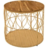 Outsunny Beistelltisch Ø50 cm wetterfest Gartentisch mit Rattanoptik Akazienholzplatte verstellbaren Füßen Teak(m-1)