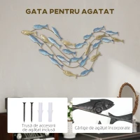 HOMCOM Artă de Perete Banc de Pești din Metal cu Șuruburi Incluse, 99,7x3,8x50,2 cm, Auriu și Albastru(m-5)