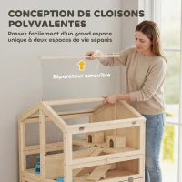PawHut Cage Hamster 3 Étages en Bois avec Bac Amovible, Couvercle Ouvrant, Bascule, Cabane, Fenêtre, 68x61,5x90cm, Naturel(m-6)