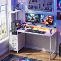 HOMCOM Birou Gaming cu Suport CPU Reglabil Reversibil și LED, 147x47 cm, Stație de Încărcare, Suport Monitor, 3 Sertare din Material Textil, pentru Acasă, Birou sau Studio, Alb(m-2)