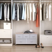 HOMCOM Commode meuble de rangement 100 x 30 x 54 cm 5 tiroirs non-tissés gris structure acier blanc bois clair(m-16)