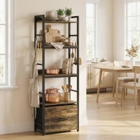 HOMCOM 4-Tier Bookshelf, Narrow Bookcase with Drawer, 8 Hooks, Metal Frame, Rustic Brown(m-9)