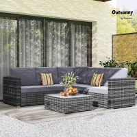 Outsunny 4 Pieces Rattan Garden Furniture Set, Wicker Outdoor Furniture Set with Corner Sofa Loveseat Coffee Table Cushions, Conservatory Furniture Set for Patio Balcony Poolside, Grey(m-2)