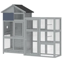 PawHut Volière em madeira com 6 poleiros compartimento gaveta extraível taças em aço inox 196x60x164,5cm Cinzento(m-7)