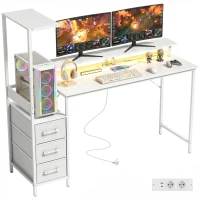 HOMCOM Scrivania Gaming 147 cm, Tavolo per Computer con Supporto CPU Regolabile e Reversibile, Luci RGB, Prese di Alimentazione, Porte USB e USB-C, Supporto Monitor e 3 Cassetti in Tessuto, Bianco(m-11)