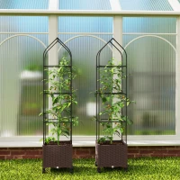 Outsunny Raised Garden Bed with Trellis, Tomato Cage with Lockable Wheels, Self Watering Planter Box with Drainage Holes, Brown(m-9)