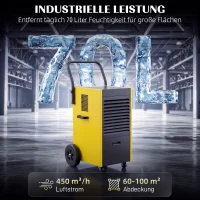 DURHAND Gewerbe-Luftentfeuchter 70L/Tag mit Rädern und Griff, kontinuierlicher Ablaufschlauch, 24-Stunden-Timer, 5,5L Tank, Gelb(m-4)