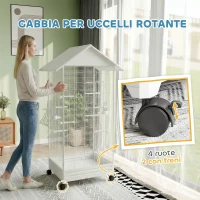 PawHut Voliera per Uccelli a Rotelle con Vassoio Estraibile, Posatoi e Mangiatoie, in Acciaio, 79x65x155 cm, Bianco(m-7)