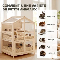PawHut Cage Hamster 3 Étages en Bois avec Bac Amovible, Couvercle Ouvrant, Bascule, Cabane, Fenêtre, 68x61,5x90cm, Naturel(m-9)
