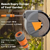 Outsunny Retractable Hose Reel Wall Mounted, 40+2m Garden Hose Pipe Reel with Auto Retraction, Self-Locking, Orange(m-4)