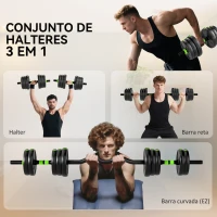SPORTNOW Conjunto de Halteres Ajustáveis 3 em 1 20 kg Conjunto de Pesos com Barras de Conexão e Pegas Antiderrapantes Verde(m-4)