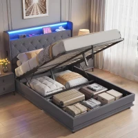 HOMCOM Cama baú 140x190cm iluminação LED e estação de carregamento estrutura de cama de casal estofada em linho arrumação hidráulica cinza(m-6)