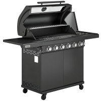 Outsunny 6+1 Burner Gas BBQ Grill, Outdoor Barbecue Trolley with Wheels, Warming Rack, Thermometer, Bottle Opener, Black