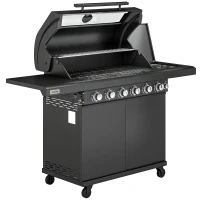 Outsunny 6+1 Burner Gas BBQ Grill, Outdoor Barbecue Trolley with Wheels, Warming Rack, Thermometer, Bottle Opener, Black(m-1)