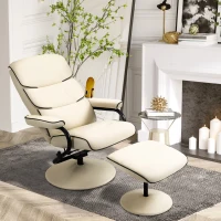 HOMCOM Fauteuil relax avec pouf, fauteuil TV avec dossier inclinable, pivotant à 360° assise rembourrée confortable, crème(m-10)