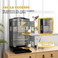 PawHut Gabbia per Uccelli con Maniglia, Vassoio Estraibile, Posatoi in Legno, Altalena e Ciotole, 46.5x35.5x92cm, Nero(m-4)