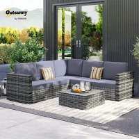 Outsunny 4 Pieces Rattan Garden Furniture Set, Wicker Outdoor Furniture Set with Corner Sofa Loveseat Coffee Table Cushions, Conservatory Furniture Set for Patio Balcony Poolside, Grey(m-9)