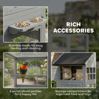 PawHut Volière Cage en bois avec 6 perchoirs compartiment tiroir extractible gamelles en acier inoxydable 196x60x164,5cm Gris(m-4)