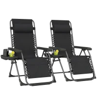 Outsunny Zero Gravity Chairs Set of 2, Folding Sunloungers Reclining Garden Chairs with Cup Holder, Headrest, Black(m-10)