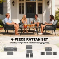 Outsunny Rattan Garden Furniture Set, 4 Piece Outdoor Patio Furniture with Tempered Glass Table and Chairs, Indoor Balcony Conservatory Set(m-4)