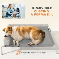 PawHut Lettino per Cani Rialzato di 20 cm con Cuscino a L, in Poliestere e Acciaio, 110x75x30 cm, Grigio e Argento(m-5)