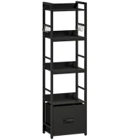 HOMCOM 4-Tier Bookshelf, Narrow Bookcase with Drawer, 8 Hooks, Metal Frame, Black(m-1)