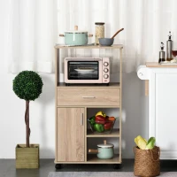 HOMCOM Carrinho de Cozinha para Microondas com 4 Rodas e Freios Gaveta Prateleiras abertas Compartimento com porta 60x40x108 cm Carvalho(m-8)