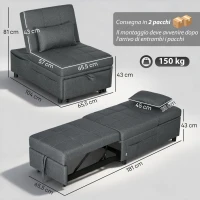HOMCOM Poltrona Letto Singolo Poltroncina Reclinabile 4-in-1, Grigio(m-3)