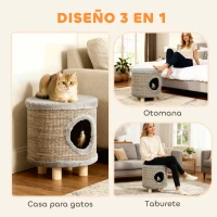 PawHut Casa para Gatos 3 en 1 Taburete Reposapiés Cama para Gatos con Rascador Patas de Madera Pluma 36x36x38 cm Gris(m-4)