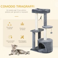 PawHut Albero Tiragraffi per Gatti Adulti su più Livelli, Castello per Gatti con Cuccia, Posatoio e 2 Ripiani, Bianco e Grigio, 48x35x100cm(m-6)