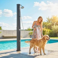 Outsunny Duș Solar Grădină 60L cu Cap de Duș, Duș de Mână, Robinet pentru Picioare și Temperatura Reglabilă Max. 60 °C pentru Piscină Negru(m-5)