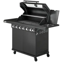 Outsunny 6+1 Burner Gas BBQ Grill, Outdoor Barbecue Trolley with Wheels, Warming Rack, Thermometer, Bottle Opener, Black(m-11)