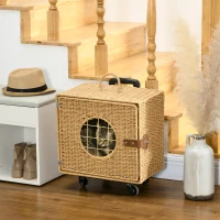 PawHut Caisse de transport pour chat avec roulettes et poignée télescopique en résine tressée effet rotin coussin inclus marron(m-10)