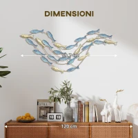 HOMCOM Wall Art Banco di Pesci in Metallo con Viti Incluse, 99.7x3.8x50.2 cm, Oro e Blu(m-7)