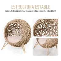 PawHut Cama Cueva de Ratán para Gatos o Mascotas Pequeña con Base Trípode Cojín de Felpa y Algodón Suave Diseño Elevado Estable Φ52x58 cm Madera Natural(m-5)