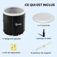 Outsunny Baignoire à Glace Pliable Gonflable 280 L avec Couvercle et Pompe pour Entraînement à l'Eau Froide, 78x78x71 cm, Noir(m-4)