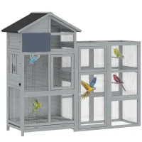 PawHut Volière em madeira com 6 poleiros compartimento gaveta extraível taças em aço inox 196x60x164,5cm Cinzento(m-6)