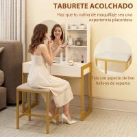 HOMCOM Tocador de Maquillaje con Espejo y Taburete Acolchado Estación de Carga 2 Cajones 3 Estantes para Dormitorio Blanco(m-7)