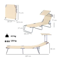 Outsunny Outdoor Foldable Sun Lounger, 4 Level Adjustable Backrest Reclining Sun Lounger Chair with Angle Adjust Sun Shade Awning for Beach, Garden, Patio, Beige(m-3)