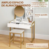 HOMCOM Tocador de Maquillaje con Espejo y Taburete Acolchado Estación de Carga 2 Cajones 3 Estantes para Dormitorio Blanco(m-6)