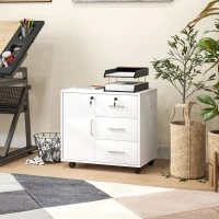 HOMCOM Caisson bureau meuble de rangement verrouillable avec 3 tiroirs et étagère réglable, roulettes, 40 x 60 x 56 cm, blanc(m-11)