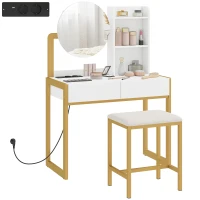 HOMCOM Tocador de Maquillaje con Espejo y Taburete Acolchado Estación de Carga 2 Cajones 3 Estantes para Dormitorio Blanco(m-10)