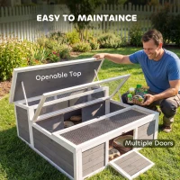 PawHut Domek dla Żółwi z Drewna z Wybiegiem Przytulny Domek Okno Widokowe Otwierane Wieko 2 Drzwi 113x106,5x44,5 cm Ciemnoszary(m-7)